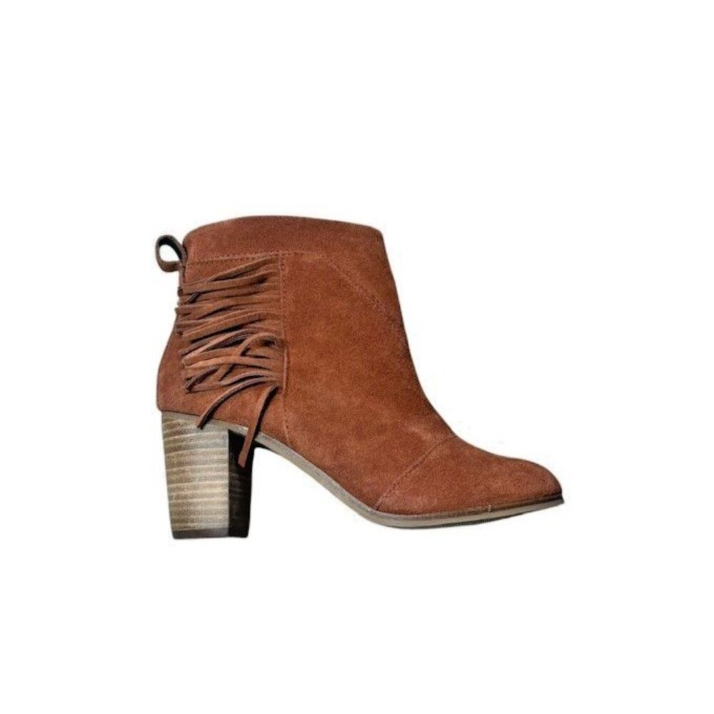 Toms Lunata Booties Ankle Boots Cognac Suede Fringe Womens Size 7.5 Side Zipper